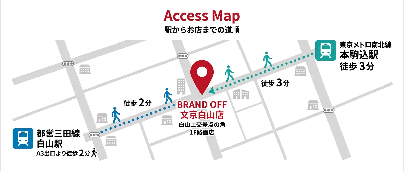 BRAND OFF 文京白山店アクセスマップ - 白山駅A3出口より徒歩2分、本駒込駅より徒歩3分