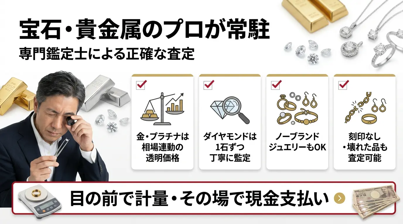 宝石・貴金属のプロが常駐 - 目の前で計量・その場で現金支払い